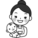 赤ちゃんを抱っこする保育士（ベビーシッター）の白黒（モノクロ）イラスト